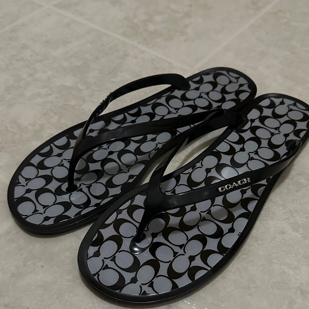 Coach Black and Gray Patterned Plastic Sandals